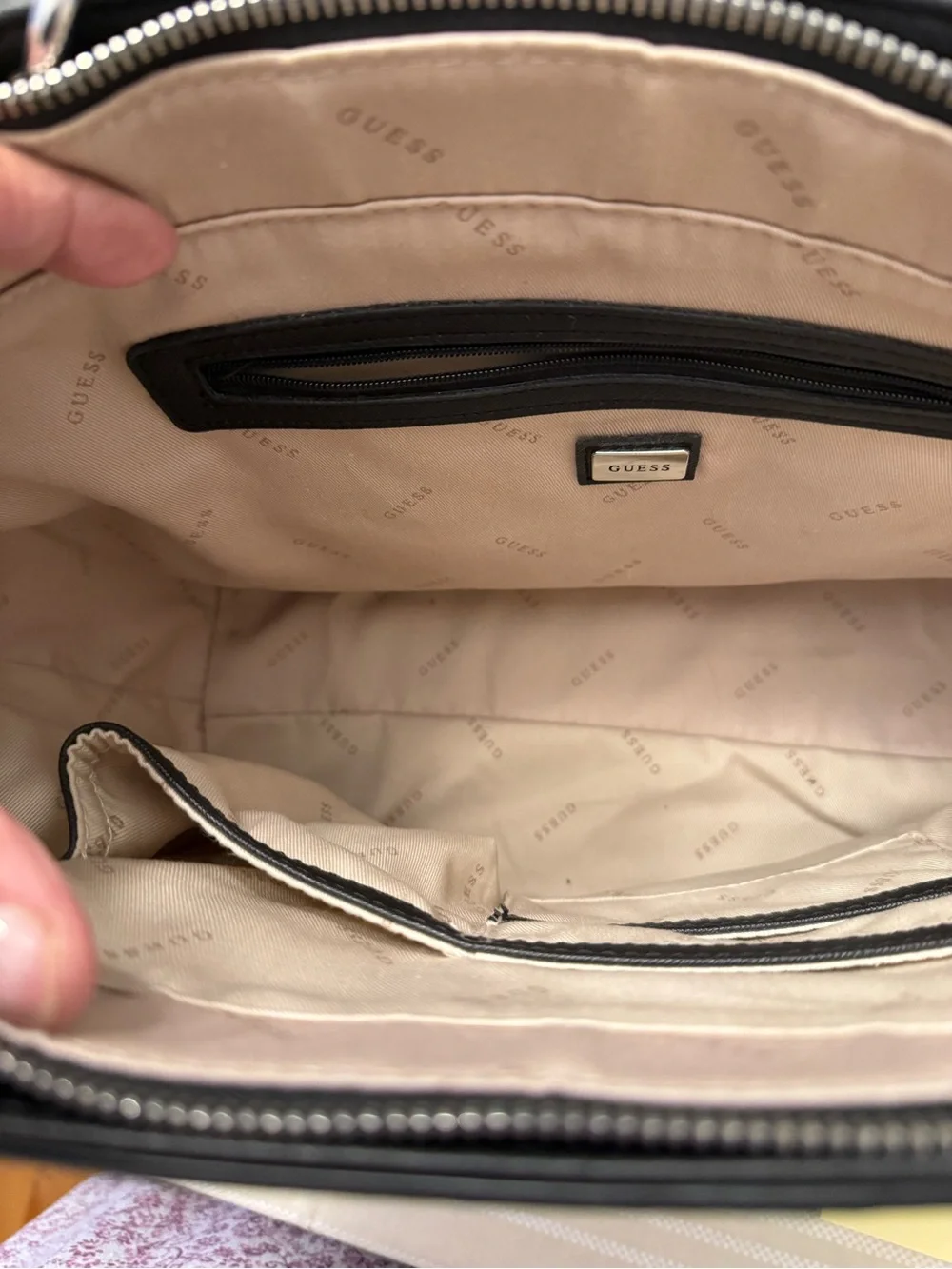 GUESS White Tote with Black Trim and Silver Hardware
